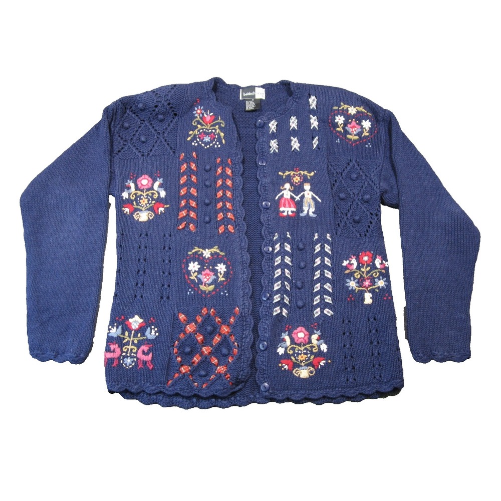 Beldoch Popper Embroidered Cardigan Womens M Navy Button‎ Up Cottagecore Grandma
